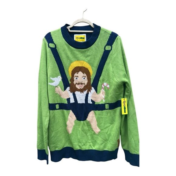 TIPSY ELVES Green + Navy Baby Jesus Men's Crewneck Ugly Christmas Sweater - Picture 1 of 3